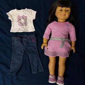 American Girl Truly Me doll with pink dress & outfit t-shirt & jeans set